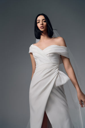 Reverie asymmetric draped wedding dress, folded neckline detail