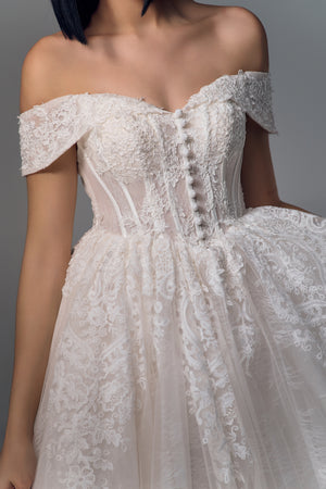 Rosamund off-shoulder lace A-line wedding dress, bodice view