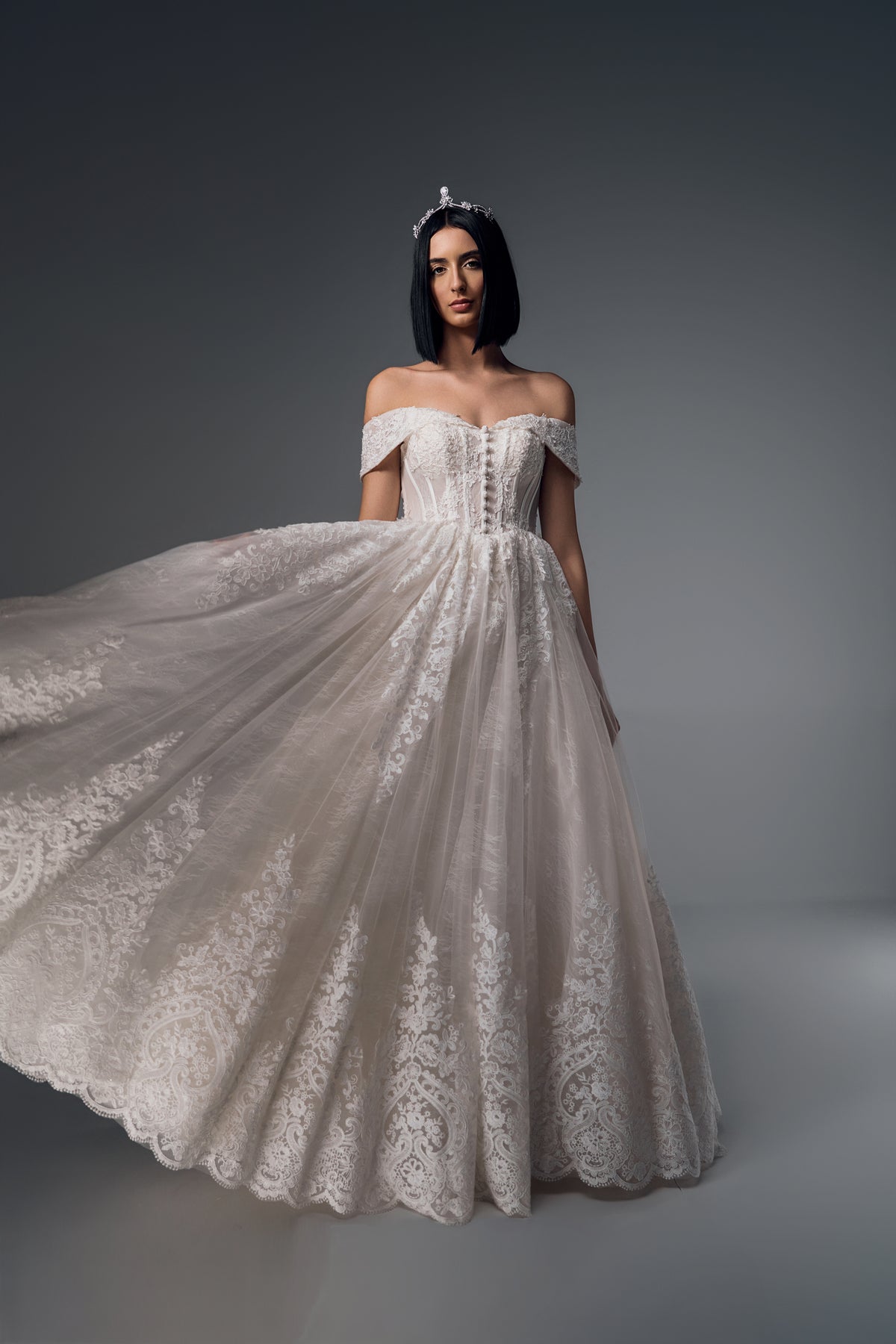 Rosamund off-shoulder lace A-line wedding dress, front view