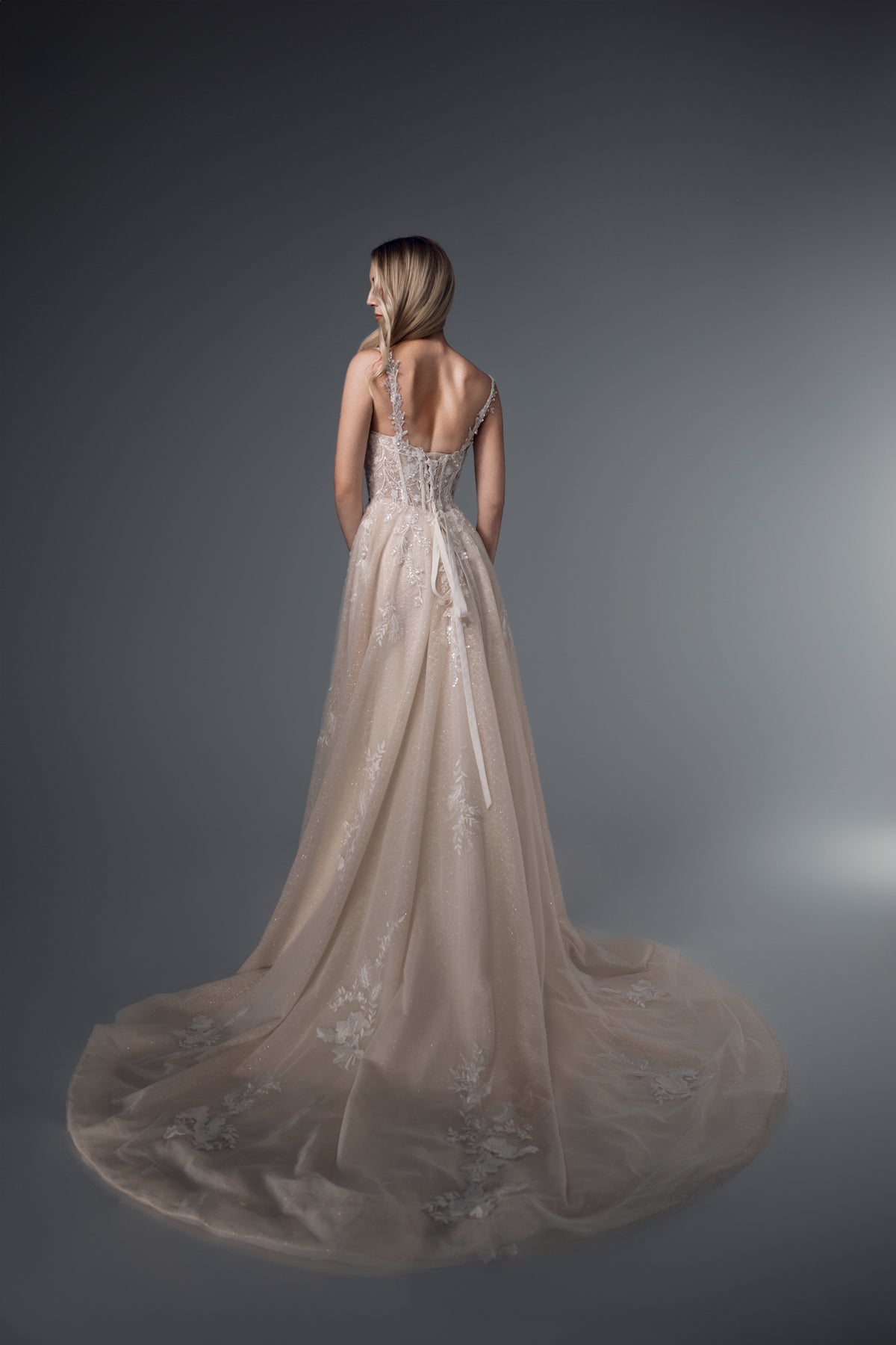 Rowena floral-strap lace tulle A-line wedding dress, back train view