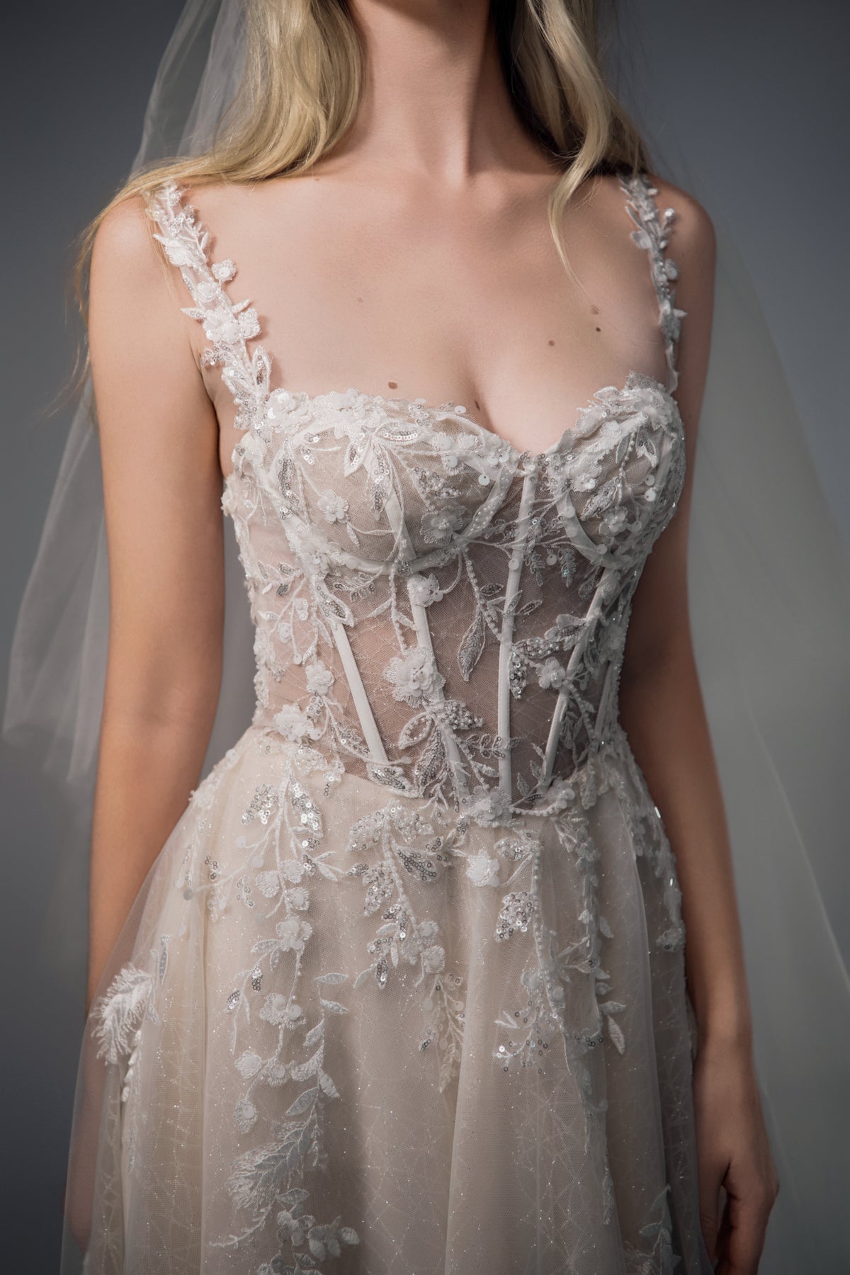 Rowena floral-strap lace tulle A-line wedding dress, bodice view