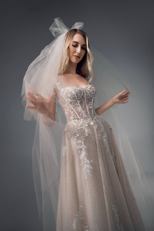 Rowena floral-strap lace tulle A-line wedding dress, veil view