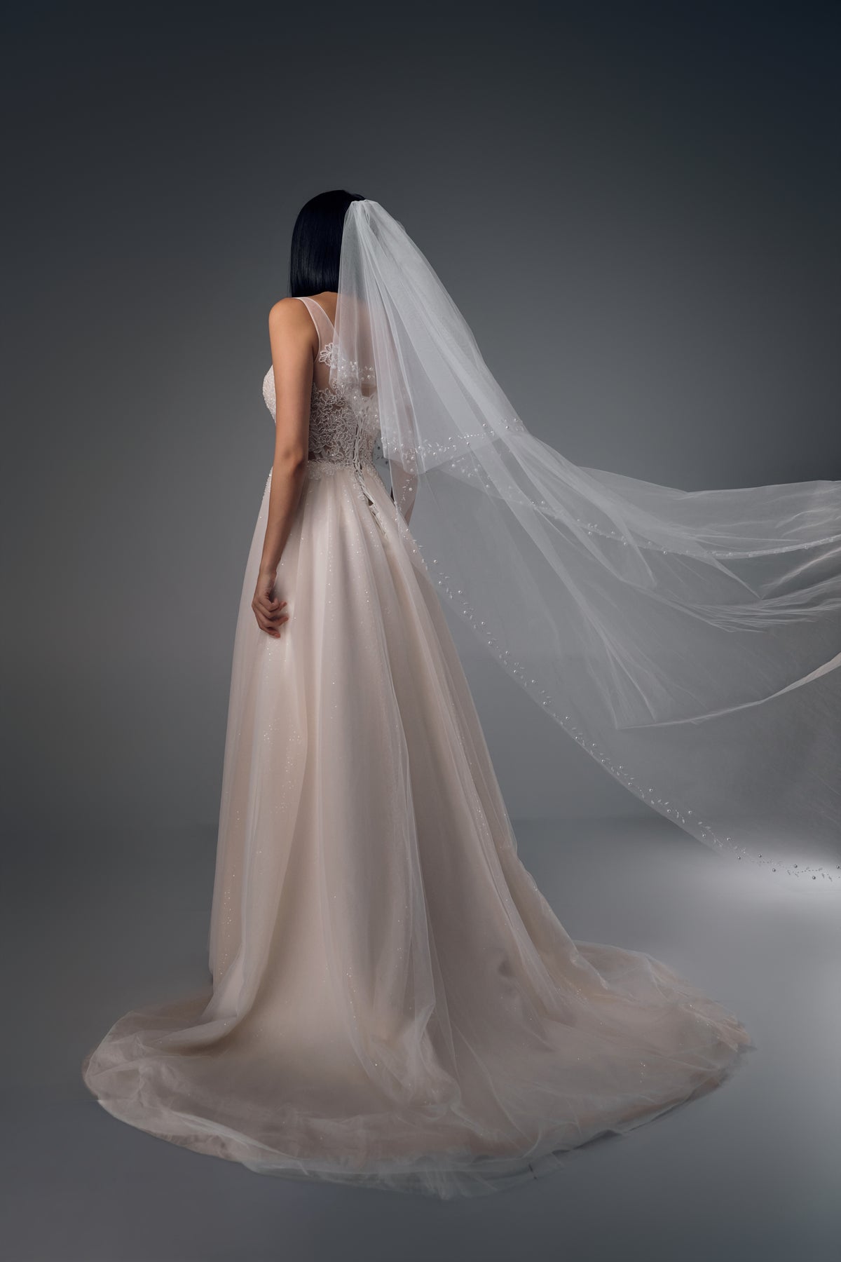 Sabrielle spaghetti-strap lace tulle A-line wedding dress, back train view