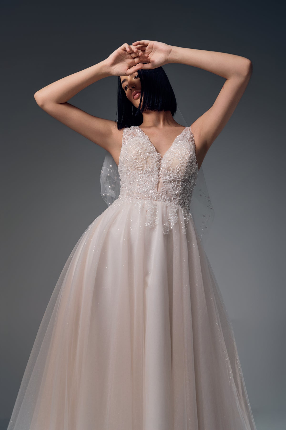 Sabrielle spaghetti-strap lace tulle A-line wedding dress, bodice view