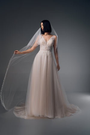 Sabrielle spaghetti-strap lace tulle A-line wedding dress, front view