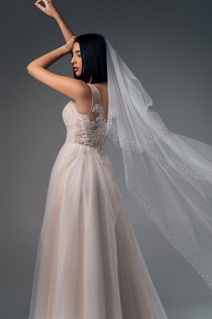 Sabrielle spaghetti-strap lace tulle A-line wedding dress, side view
