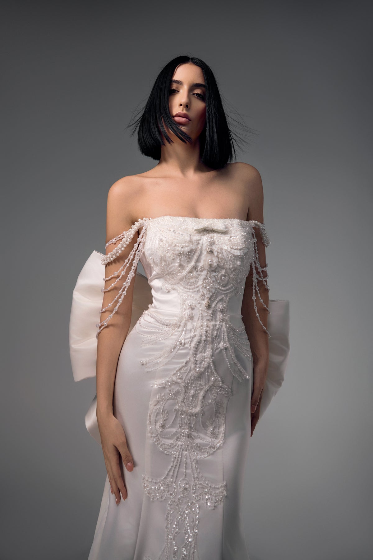 Sidonie beaded strapless bodice with pearl strand detail