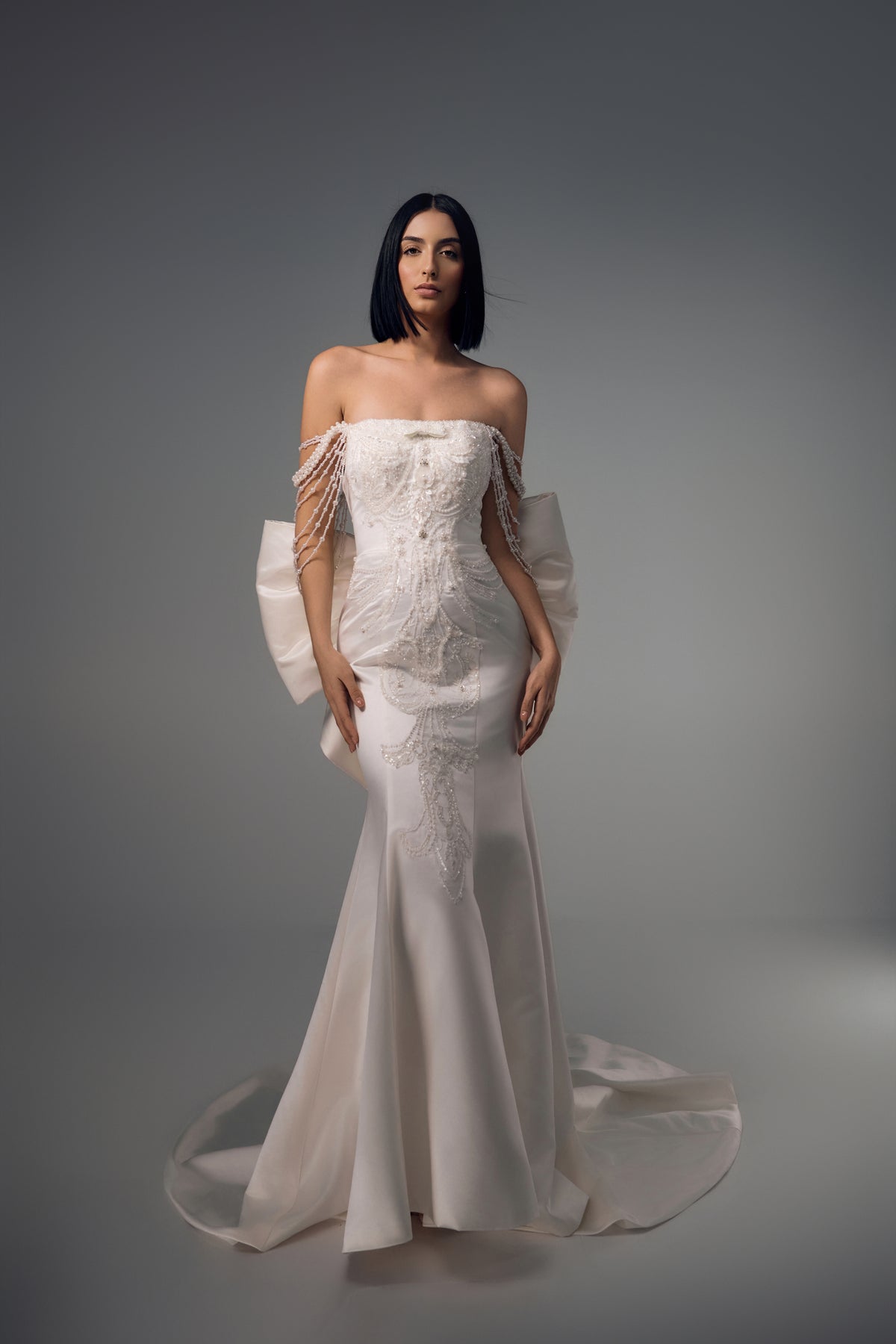 Sidonie strapless beaded wedding dress, full-length front view