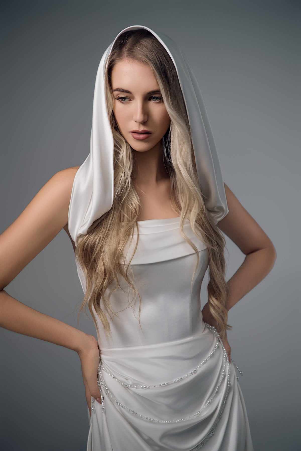 Solenne draped satin column wedding dress, bodice detail