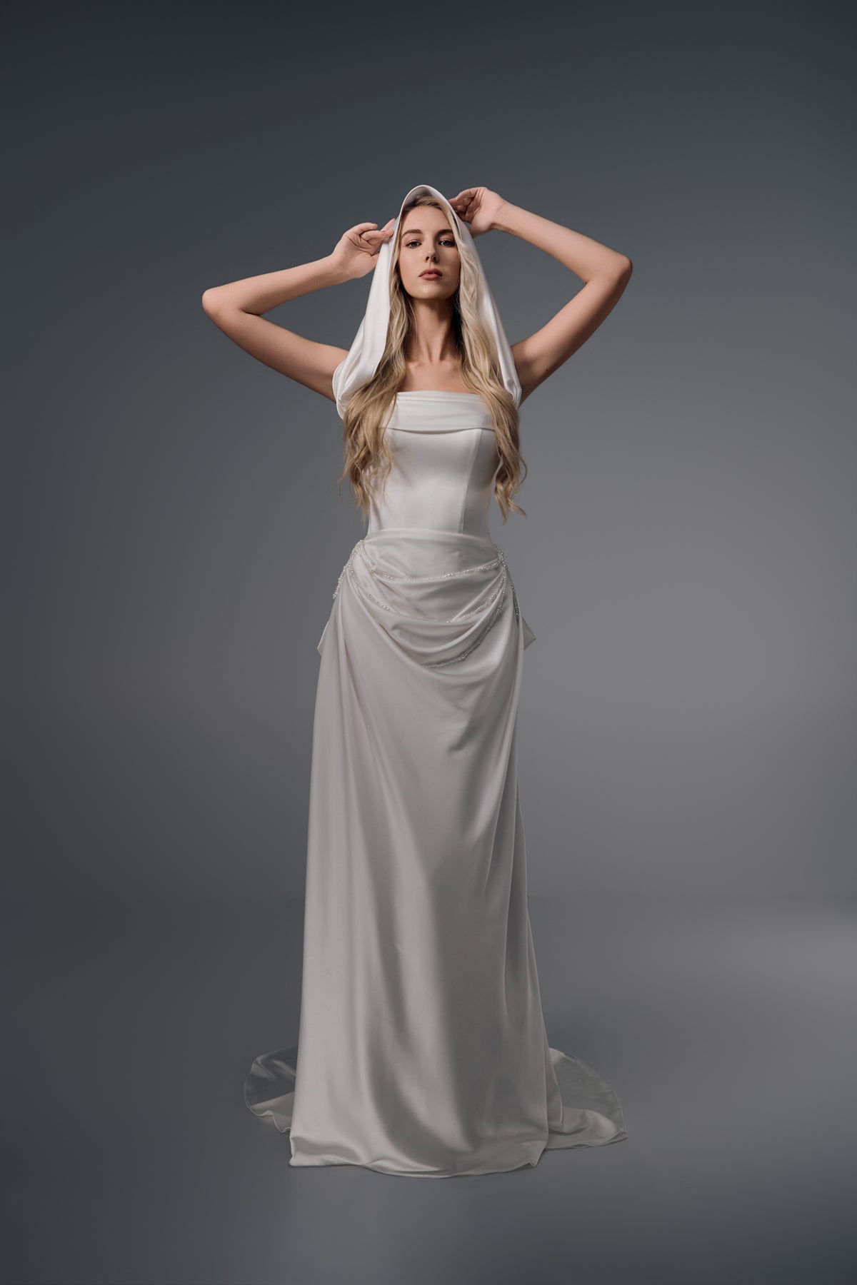 Solenne draped satin column wedding dress, scarf styling view