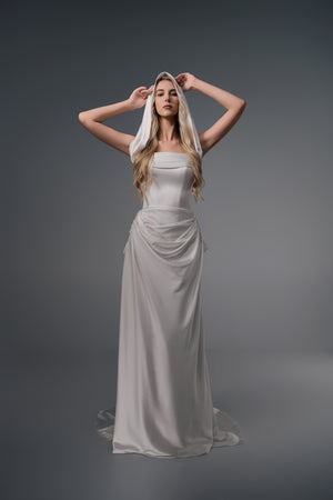 Solenne draped satin column wedding dress, scarf styling view