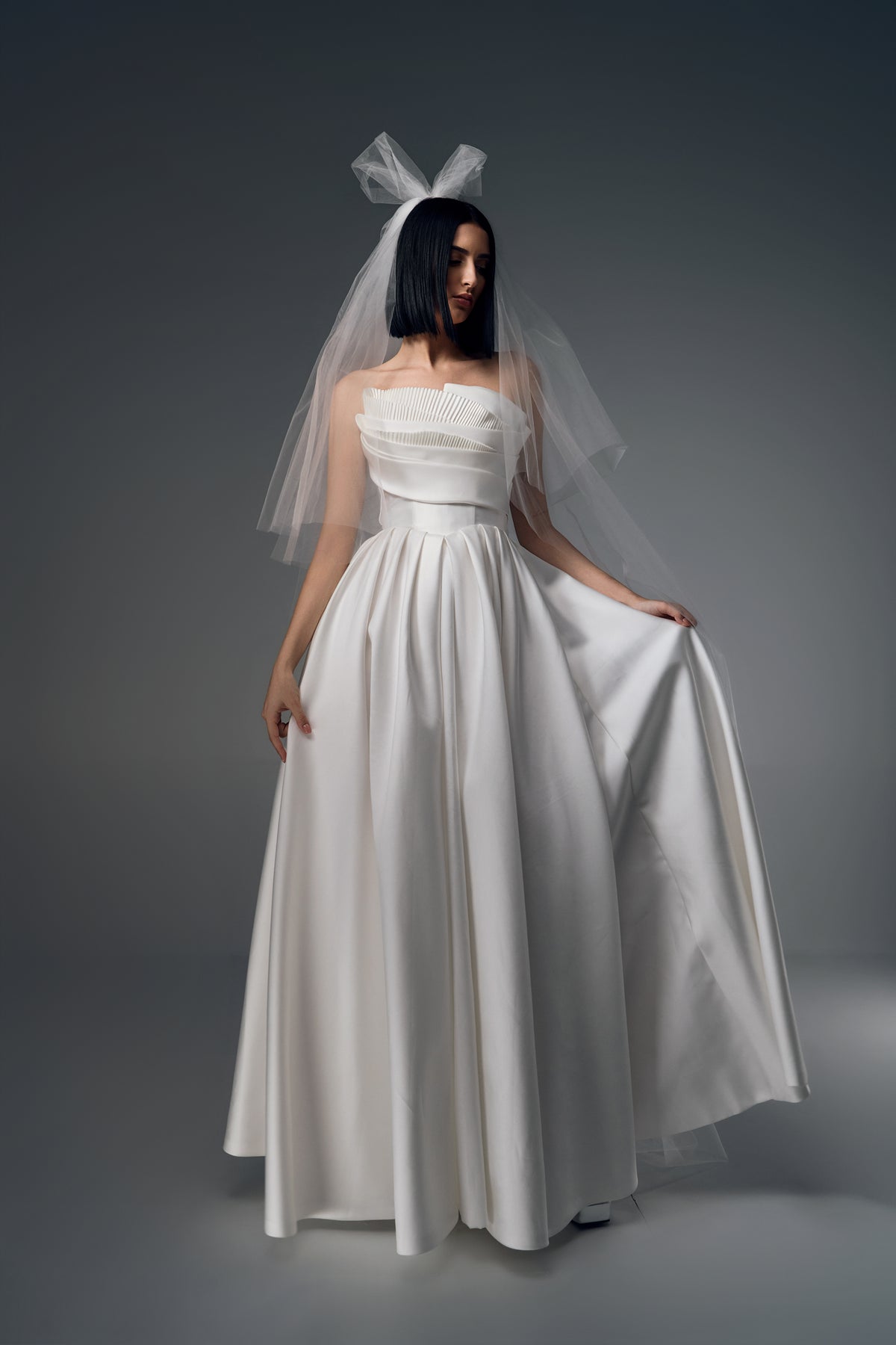 Theodora strapless ruched satin A-line wedding dress, front view