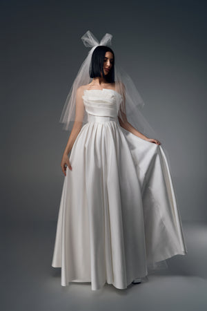 Theodora strapless ruched satin A-line wedding dress, front view