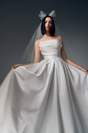 Theodora strapless ruched satin A-line wedding dress, skirt view