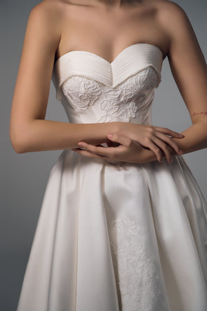 Thessalia satin A-line wedding dress, sweetheart bodice and lace panel detail
