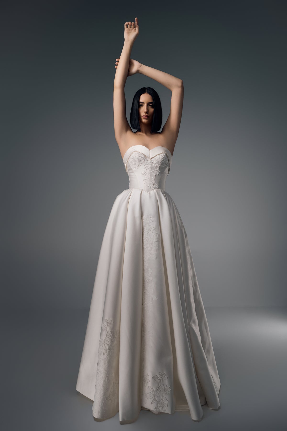 Thessalia strapless sweetheart satin A-line wedding dress, full-length front view