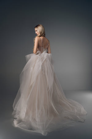 Valencia deep-V ruffled tulle A-line wedding dress, back view