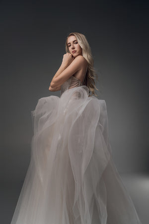Valencia deep-V ruffled tulle A-line wedding dress, side view