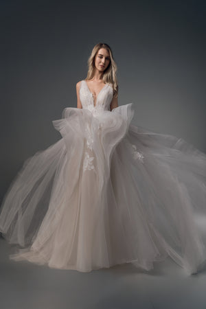 Valencia deep-V ruffled tulle A-line wedding dress, skirt view